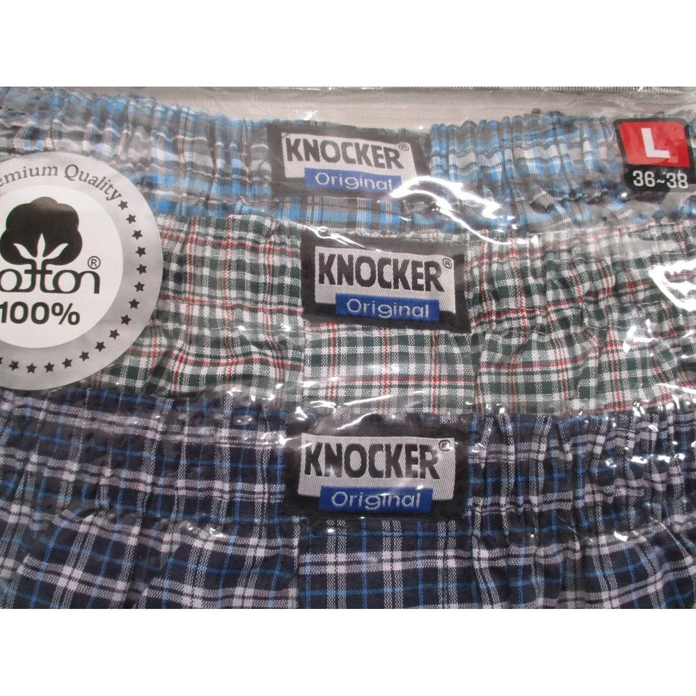 Knocker Men's 3 pair of Plaid 100% Cotton Boxer Shorts Underwear size L NEW